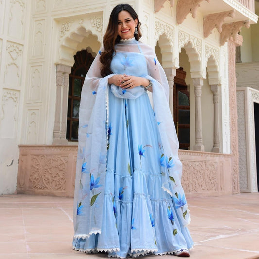 Blue Cotton Printed Attractive Party Wear Gown With Dupatta