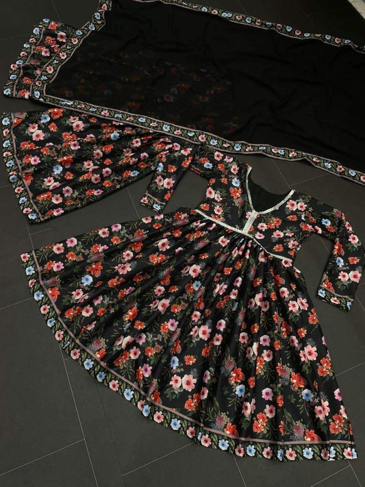 Floral Design Kurta Palazzo Set, Black Color V Shape Neck Kurta Palazzo Set, American lachko Kurta Patywear Readymade Dress