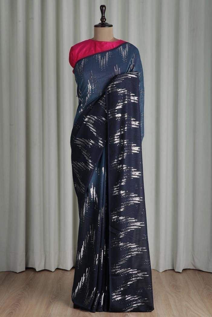 Blue Georgette Saree In trending Sequence Work ,Ready to wear, already plated sari