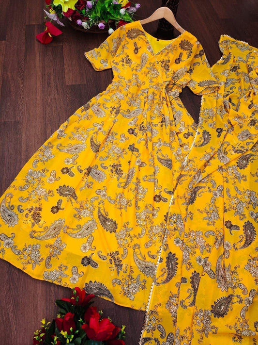 Yellow Anarkali gown with dupatta