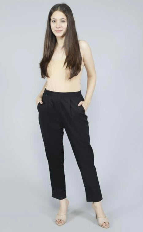 Summer Cotton Pants | Women Regular Fit Black Cotton Blend Trousers
