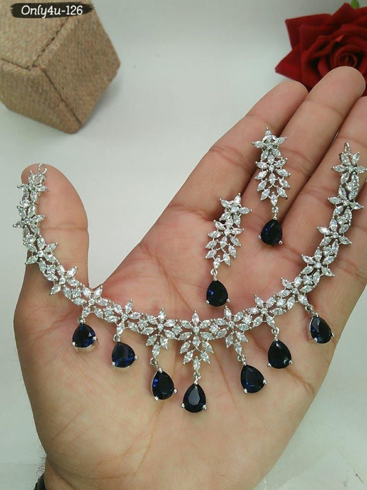 White Tone Red/Black Maroon Cubic zirconia Long Diamond Necklace set | American Diamond Set