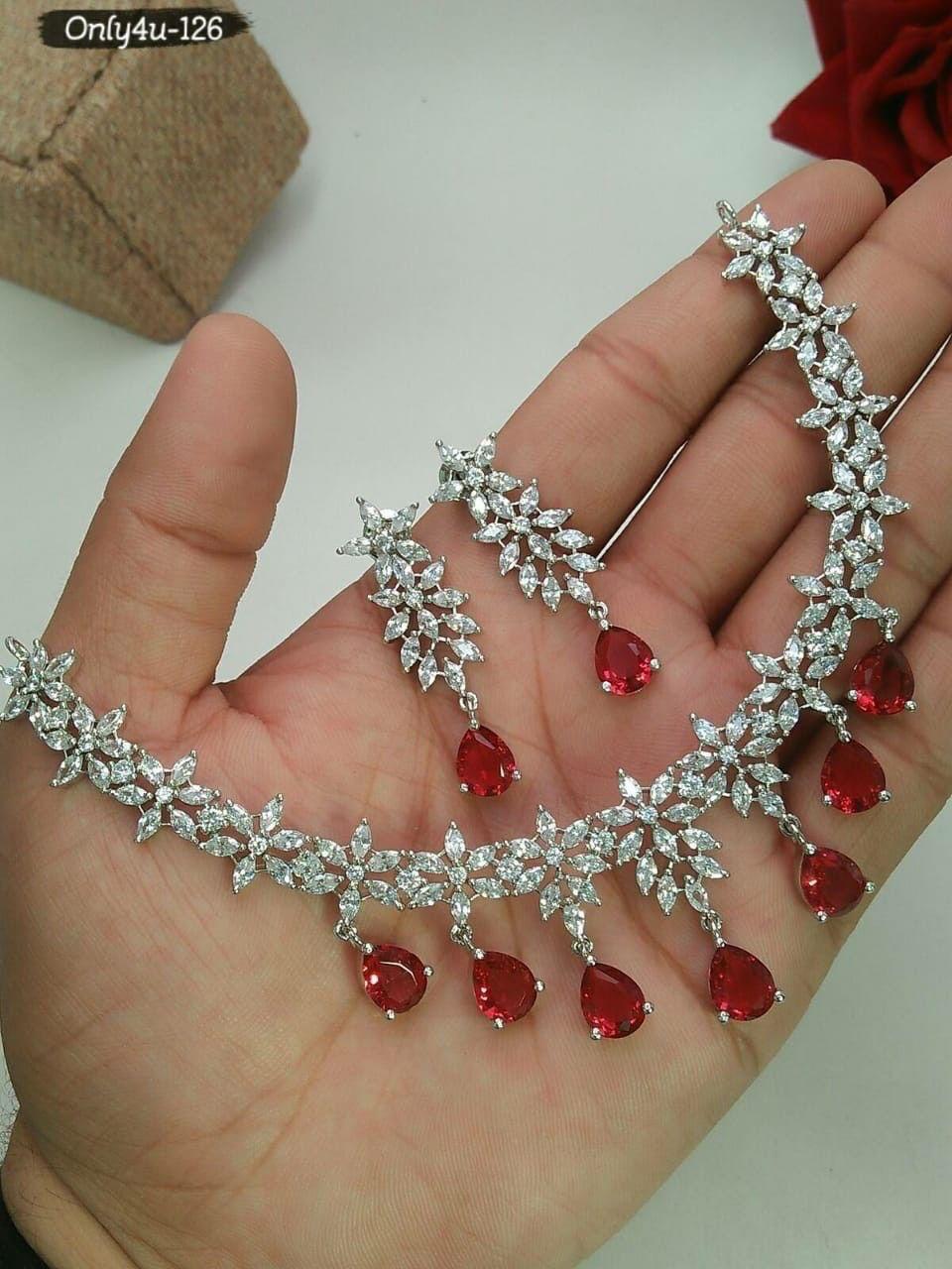 White Tone Red/Black Maroon Cubic zirconia Long Diamond Necklace set | American Diamond Set