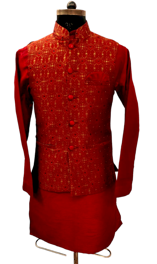 Red Banarasi Printed Nehru Jacket