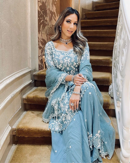 Sky Blue Sharara Gown with Sequence Embroidery Work