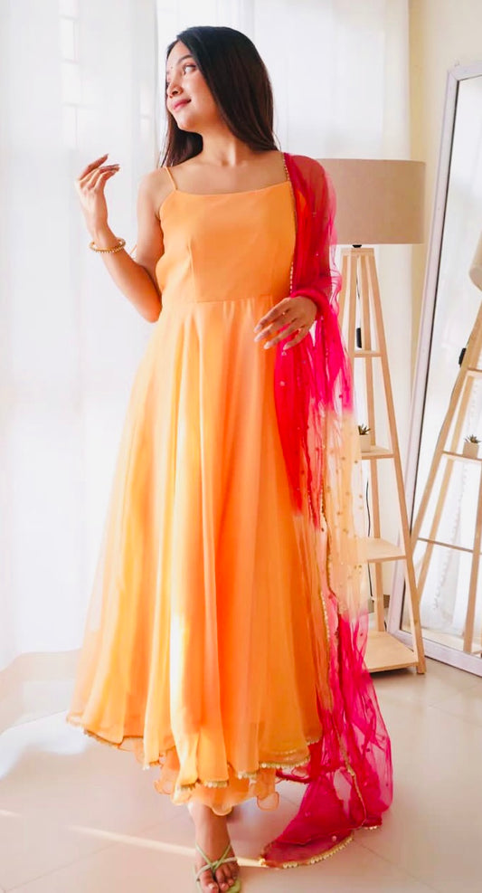 Orange Beautiful  Readymade Designer Anarkali gown | 3 piece set With Dupatta, flair Anarkali