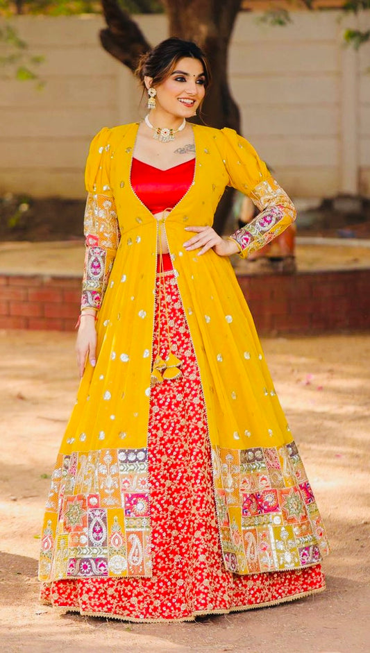 Party wear Red And Yellow Lehenga With Heavy Embroidery Sequence Work Lehenga and Kot