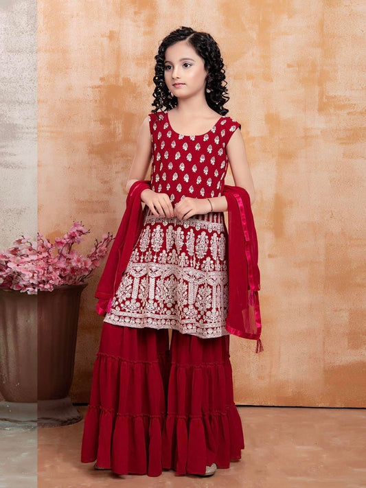 Cherry Red Georgette Sequins Embroidered Sharara Suit
