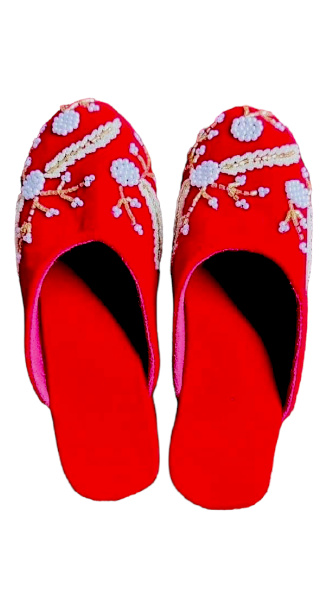 Stylish Handmade Makhmali Slipper with Sitara and pote embroidery