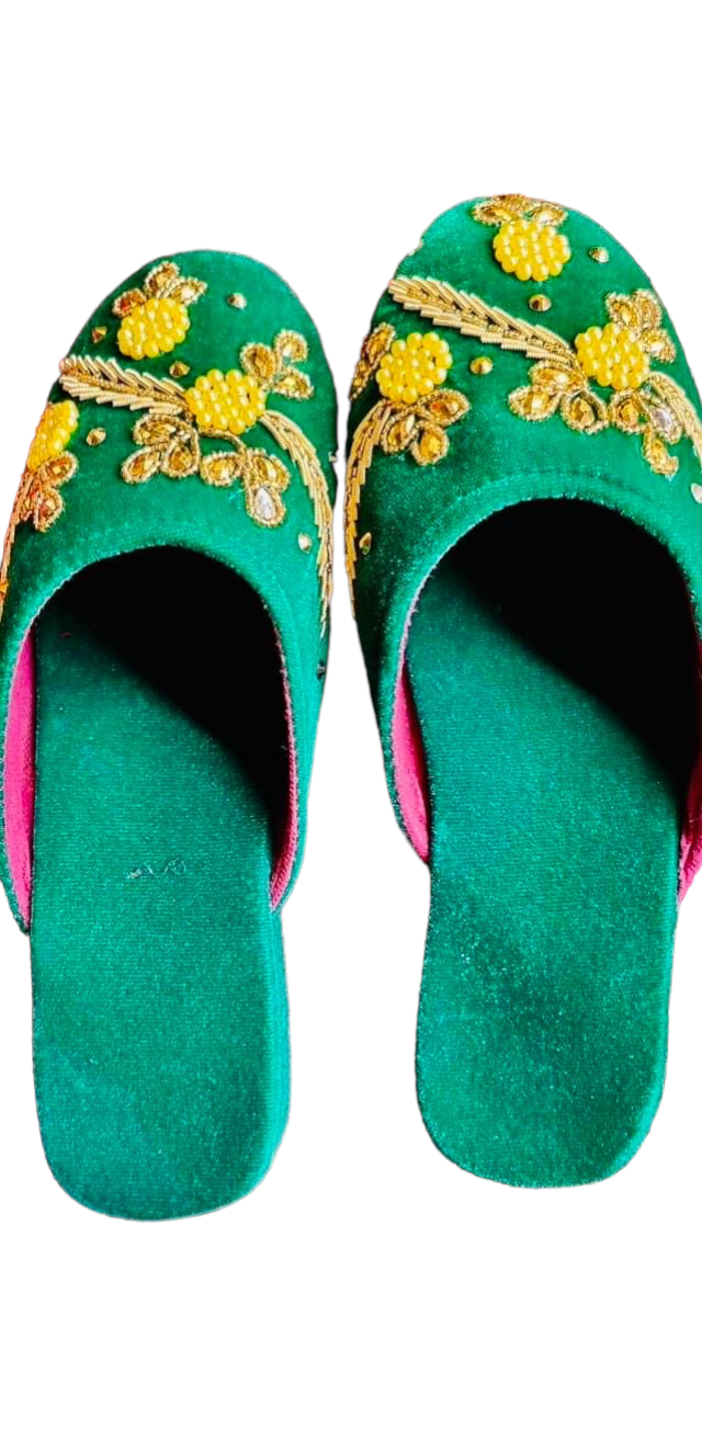 Stylish Handmade Makhmali Slipper with Sitara and pote embroidery