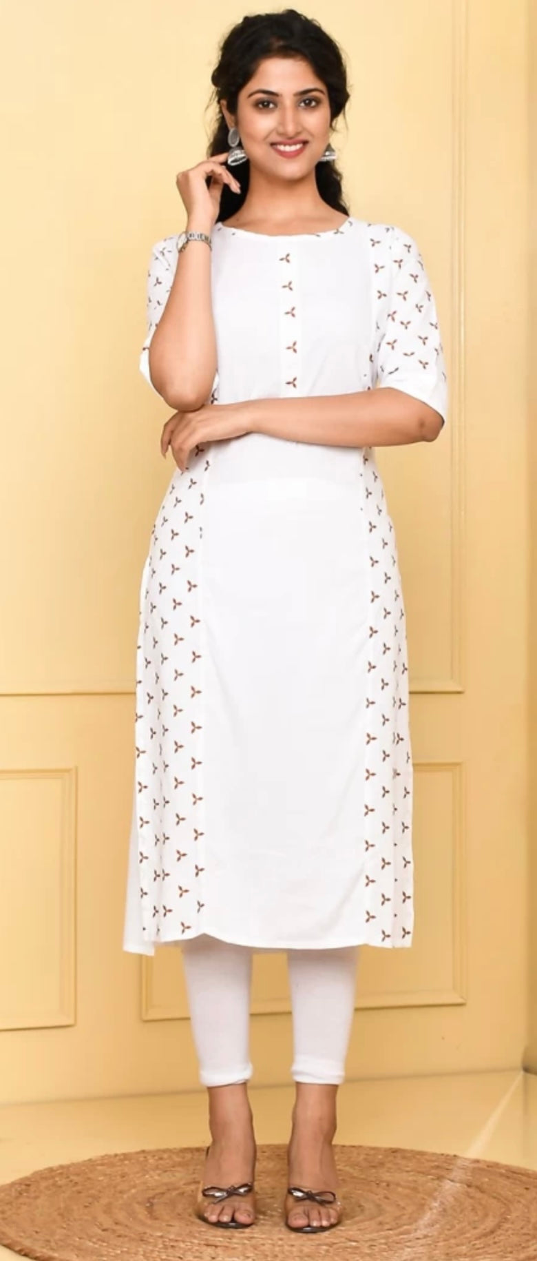 Printed Rayon Straight Cut Kurta in White with White leggings