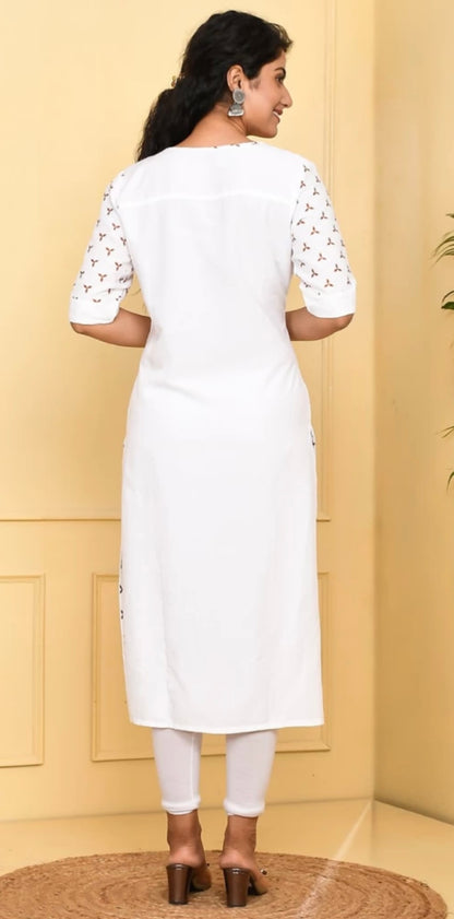 Printed Rayon Straight Cut Kurta in White with White leggings