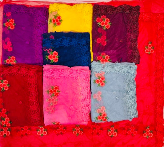 Elegant Thread Embroidery Soft Net Saree