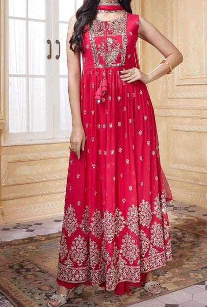 Red Color Faux Georgette Fabric Embroidered Sequence Work Work Readymade Designer Gown With Dupatta And Pant