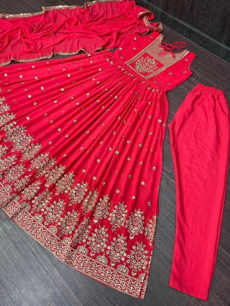Red Color Faux Georgette Fabric Embroidered Sequence Work Work Readymade Designer Gown With Dupatta And Pant