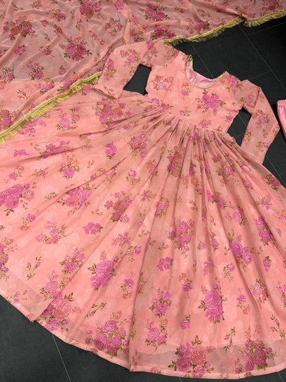 Georgette New Stylish Party Wear Ready To Wear Long Anarkali Flair Gown & Dupatta, Ethnic Dress, Long Skirt, Sbyasachi Gown