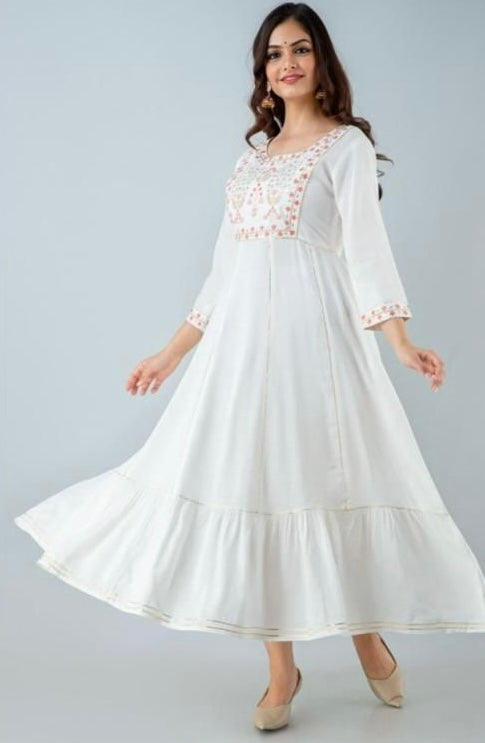 Embroidered Anarkali Kurta for Women's (White)