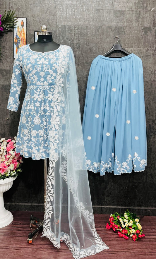 Sky Blue Sharara Gown with Sequence Embroidery Work