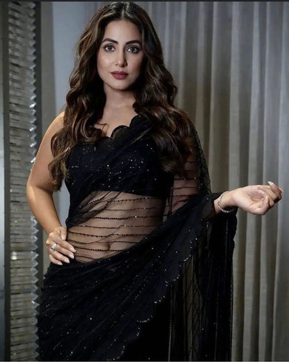 Women Black Georgette Embroidered Work Saree | ready to wear | Already plated sari. Fall and Pico done.