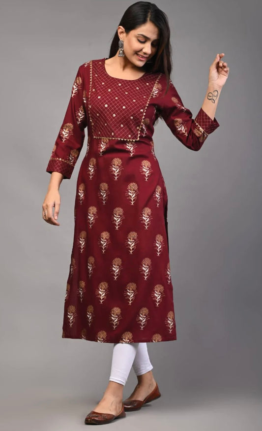 Marron Rayon Printed and Embroidered Kurta