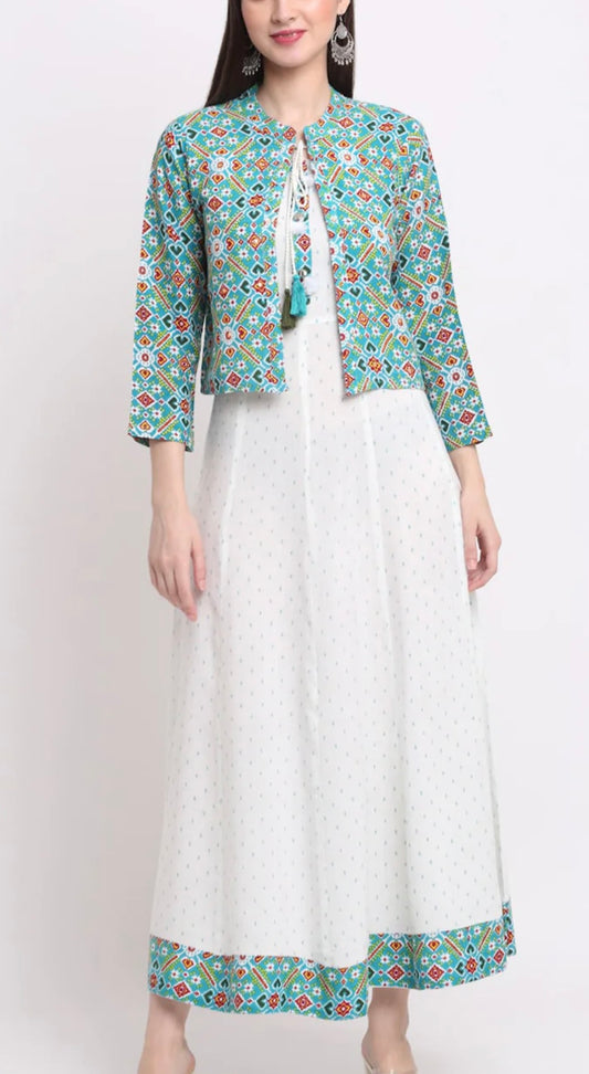 White & Sea Green Ethnic Motifs Printed Anarkali Kurta