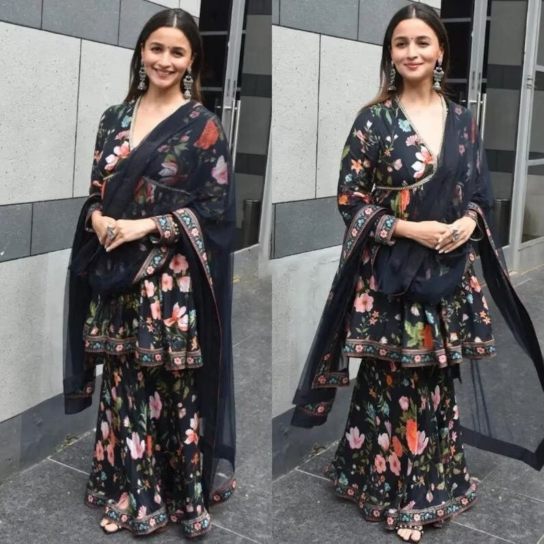 Floral Design Kurta Palazzo Set, Black Color V Shape Neck Kurta Palazzo Set, American lachko Kurta Patywear Readymade Dress